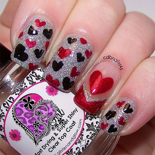 Red And Black Hearts Nail Art