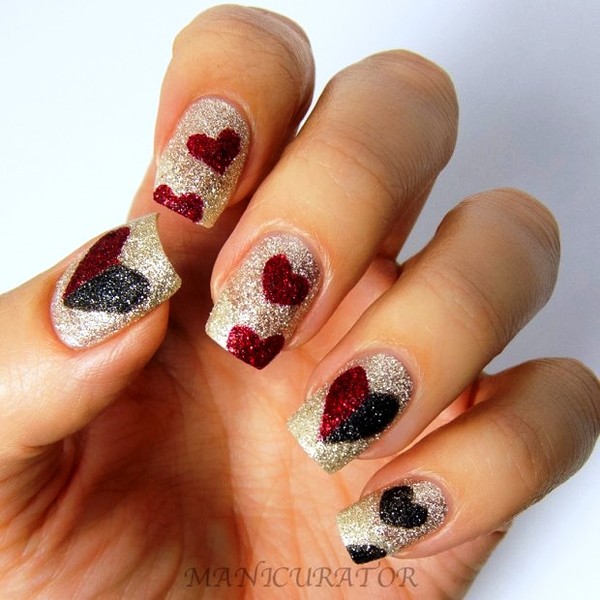 Red And Black Hearts On Silver Glitter Nails Design
