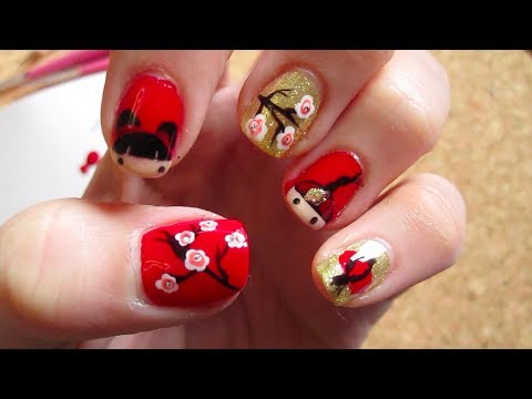 Red And Gold Nails With Pink Flowers Chinese Nail Art Design Idea
