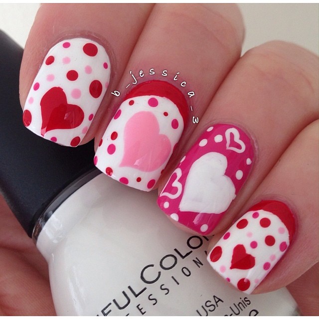 Red And Pink Hearts Nail Art Design