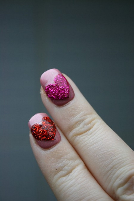 Red And Pink Sparkle Gel Heart Nail Art