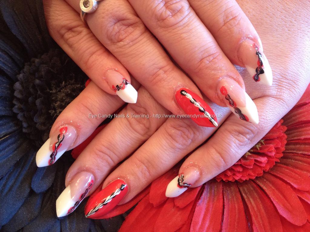 Red And White Edge Shaped Nail Art Design