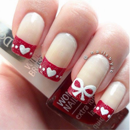 Red And White French Tip Hearts And Bow Design Nail Art
