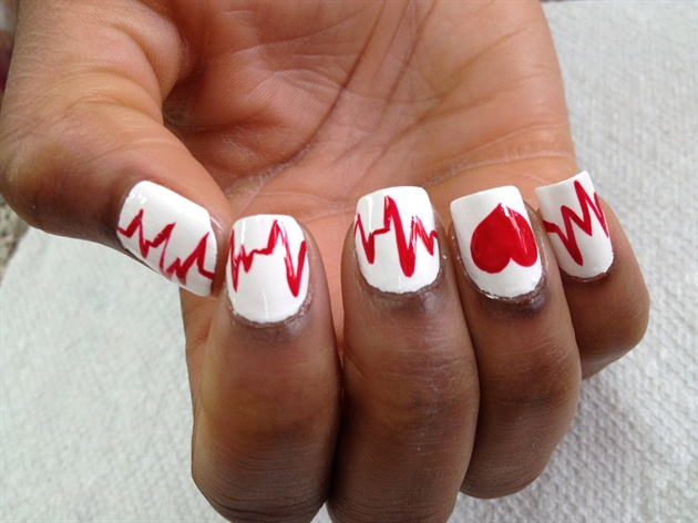 Red And White Heartbeat Nail Art