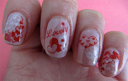 Red And White Lovely Hearts Nail Art Design Idea