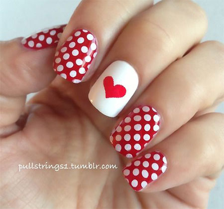 Red And White Polka Dots With Accent Red Heart Nail Art