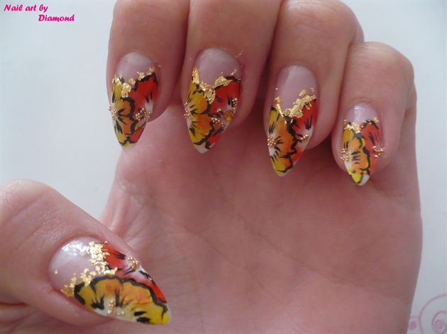Red And Yellow Flowers Chinese Nail Art Design Idea