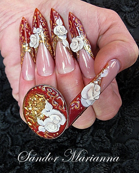 Red Edge Nail Art With 3D Rose Flowers Nail Design