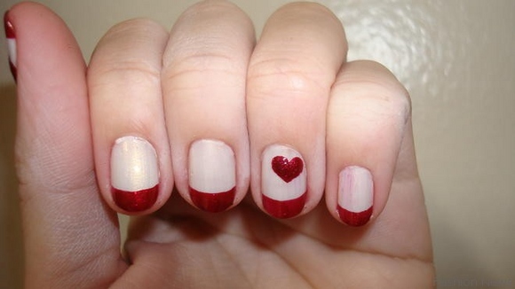Red French Tip And Accent Heart Nail Art