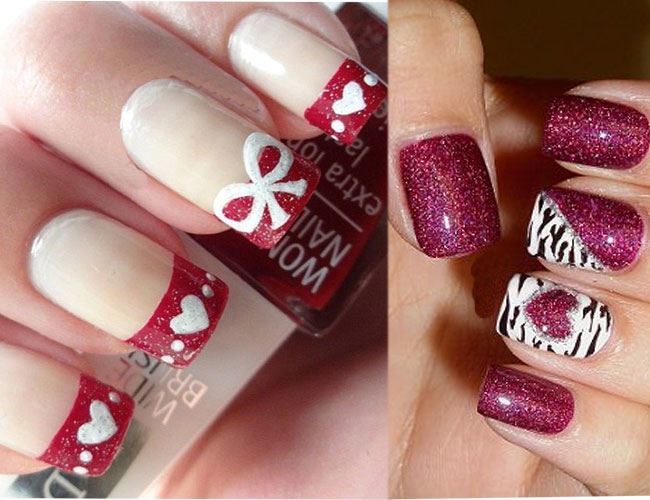 Red Glitter Gel Nails With White Acrylic Heart Nail Art
