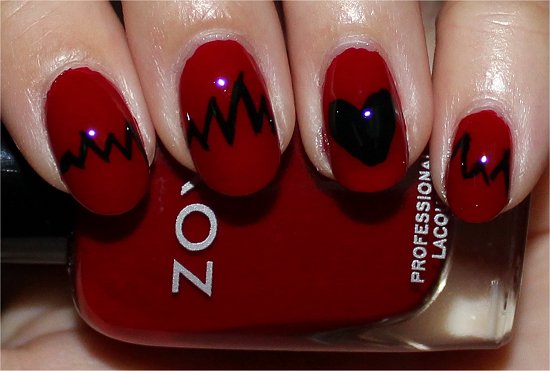 Red Glossy Nails With Black Heartbeat Nail Art Design Idea