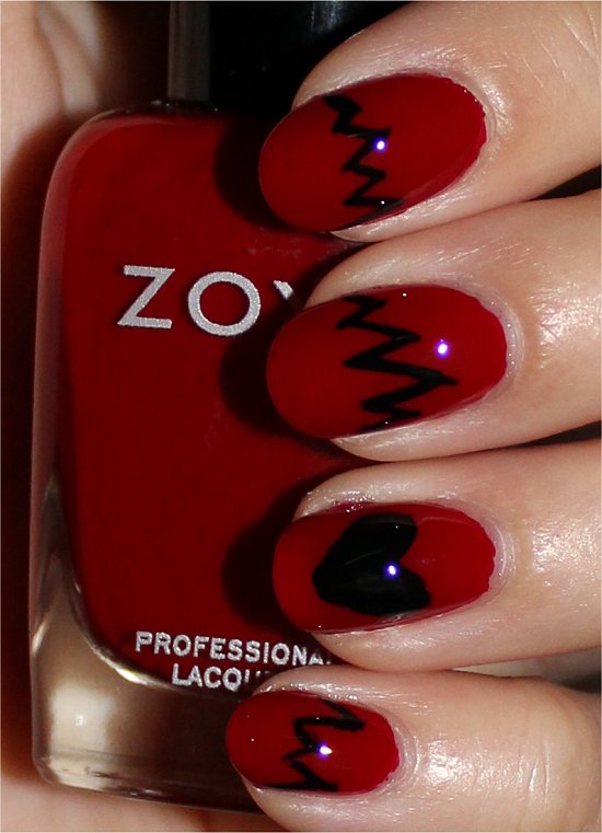 Red Glossy Nails With Black Heartbeat Nail Art Design Idea