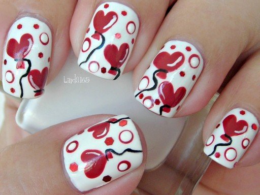 Red Heart Balloons And Polka Dots Nail Art Design Idea