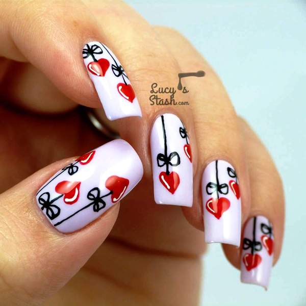 Red Hearts With Black Bows Design Nail Art