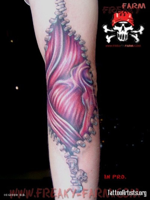 Red Inner Skin Zipper Tattoo On Arm