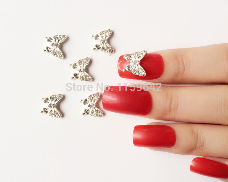 Red Nails With 3D Metallic Butterflies Nail Art Design Idea