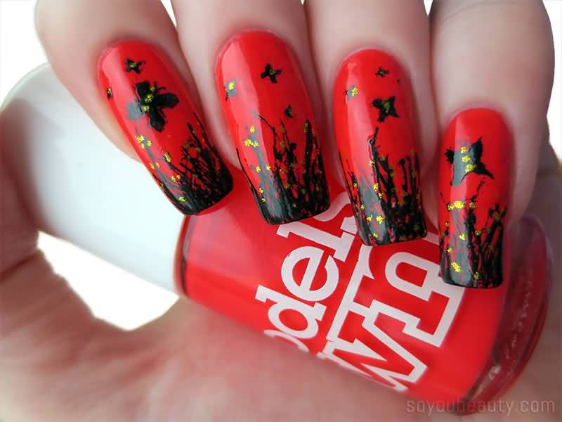 Red Nails With Black Butterflies Nail Art