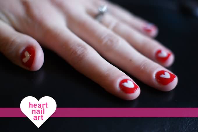 Red Nails With White Acrylic Heart Nail Art Idea