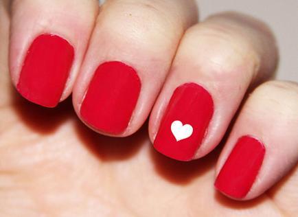 Red Nails With White Heart Nail Art Idea