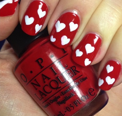 Red Nails With White Hearts Nail Art Idea