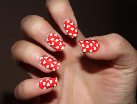 Red Nails With White Tiny Hearts Nail Art Idea