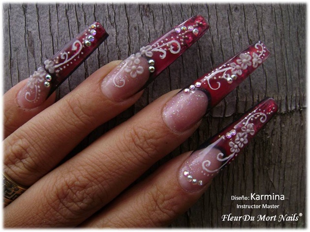 Red Prism Edge Nail Art With White Acrylic Flowers Design Idea