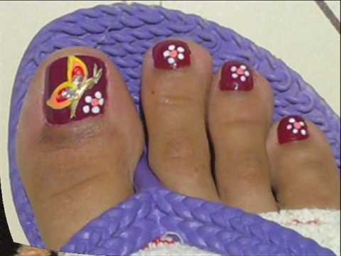 Red Toe Nails With Butterfly And Flowers Nail Art Design