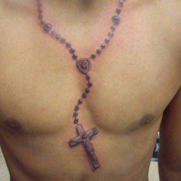 Rosary Necklace Tattoo On Chest For Men