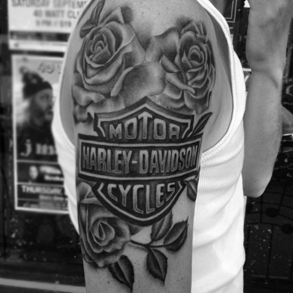 Rose Flower Memorial Harley Davidson Upper Arm Tattoo