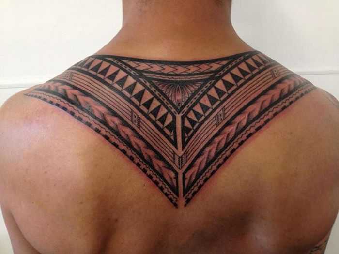 Samoan Tribal Tattoo On Upper Back