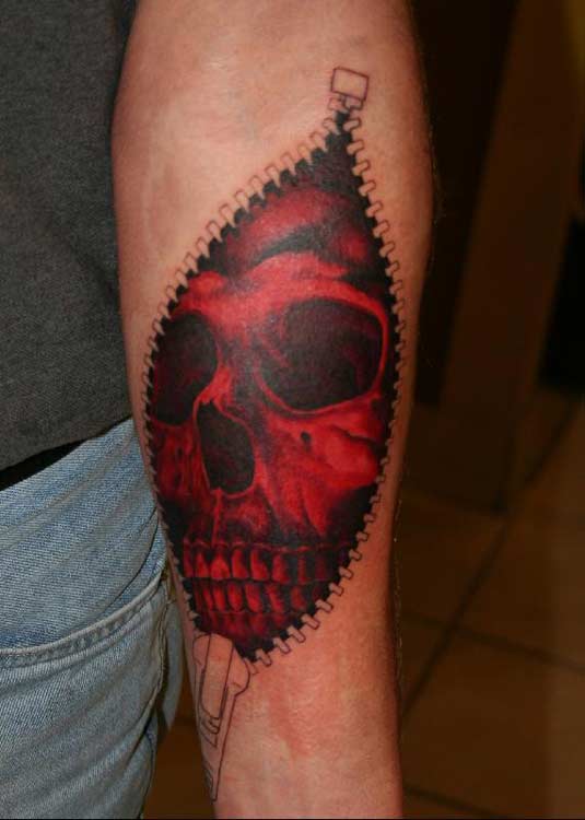 Scary Red Skull Zipper Tattoo On Arm Sleeve