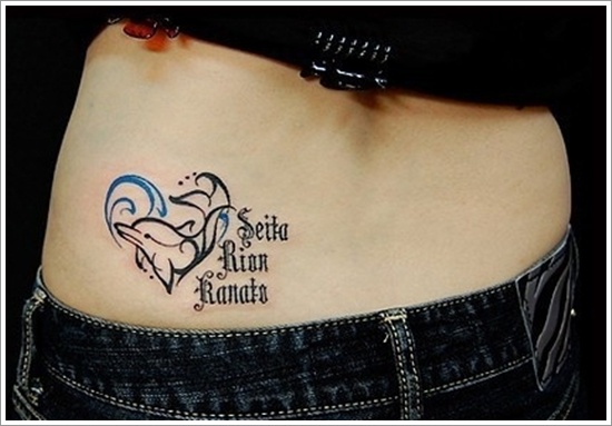 Sea Creature Dolphin With Lettering Tattoo On Waist
