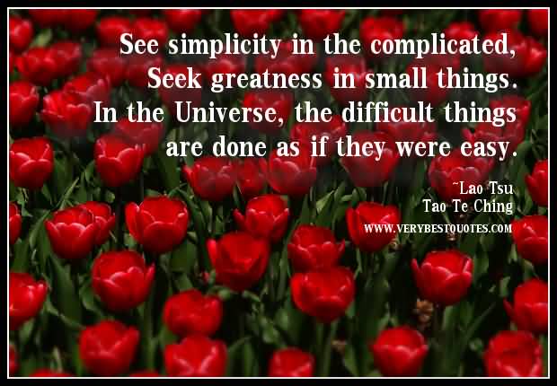 See simplicity in the complicated, Seek greatness in small things. In the Universe, the difficult things are done as if they were easy. -Lao Tsu