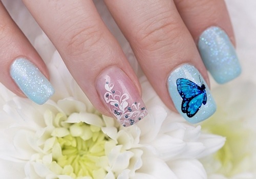 Shimmer Blue Nails With Blue Butterfly Nail Art