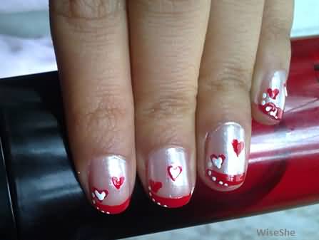Silver And Red Hearts Nail Art