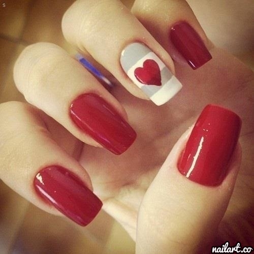 Silver And White Nails With Red Heart Nail Art Design Idea