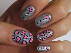 Silver Glitter And Pink Hearts Nail Art Design Idea