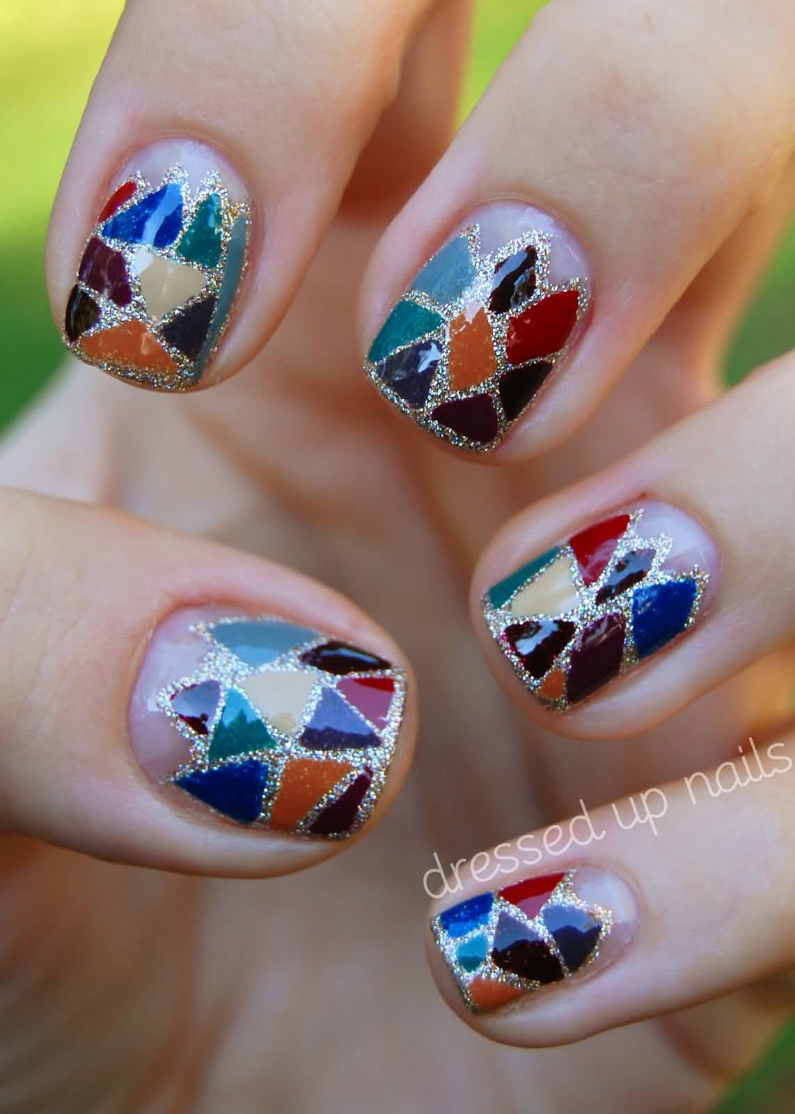 Silver Glitter With Multicolored Mosaic Nail Art