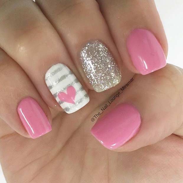 Silver Stripes With Accent Pink Heart Nail Art