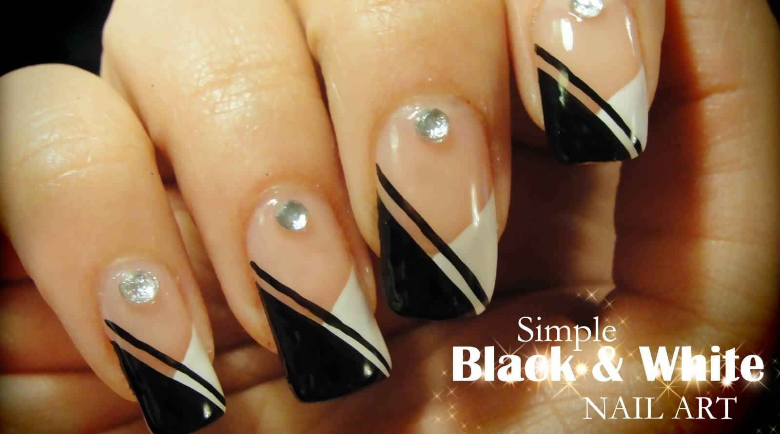 Simple Black And White Tip Design Nail Art With Rhinestones
