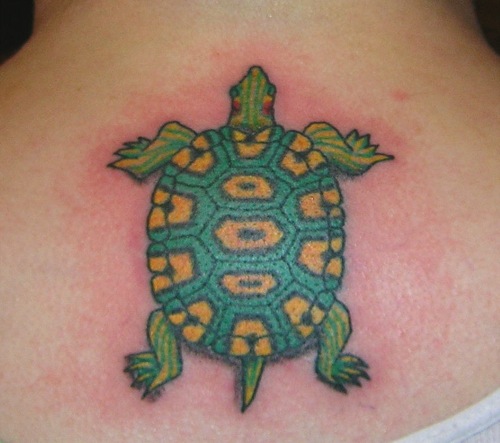 Simple Colored Tortoise Tattoo On Upper Back