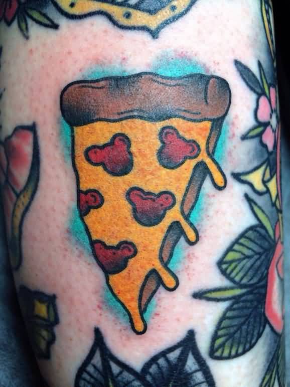 Simple Micky Mouse Head On Pizza Slice Traditional Tattoo