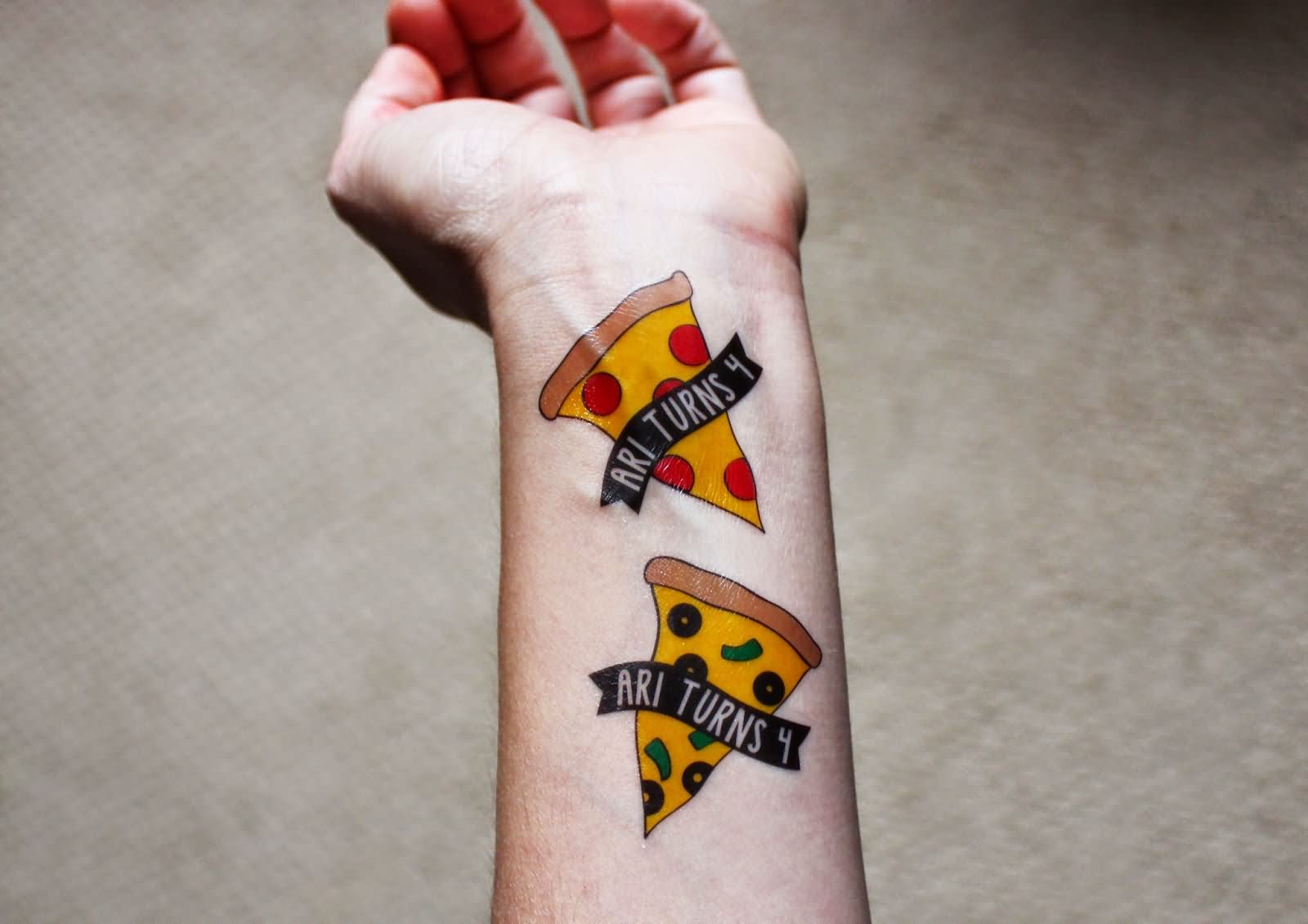 Simple Pizza With Banners Tattoo On Wrist
