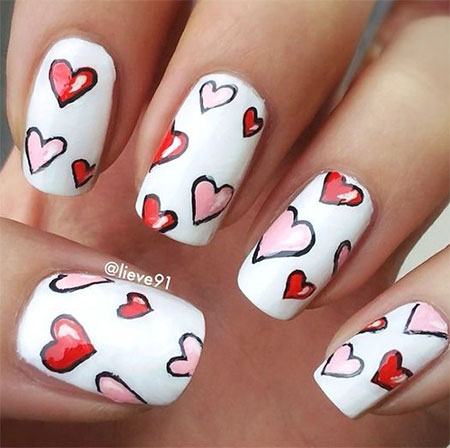 Simple Red And Pink Hearts Nail Art Design Idea
