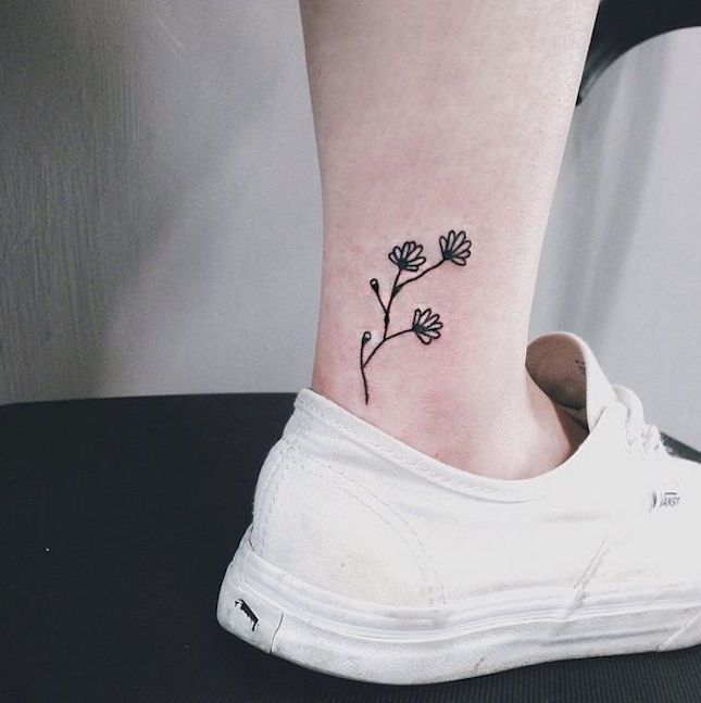 Simple Small Flower Plant Tattoo On Ankle