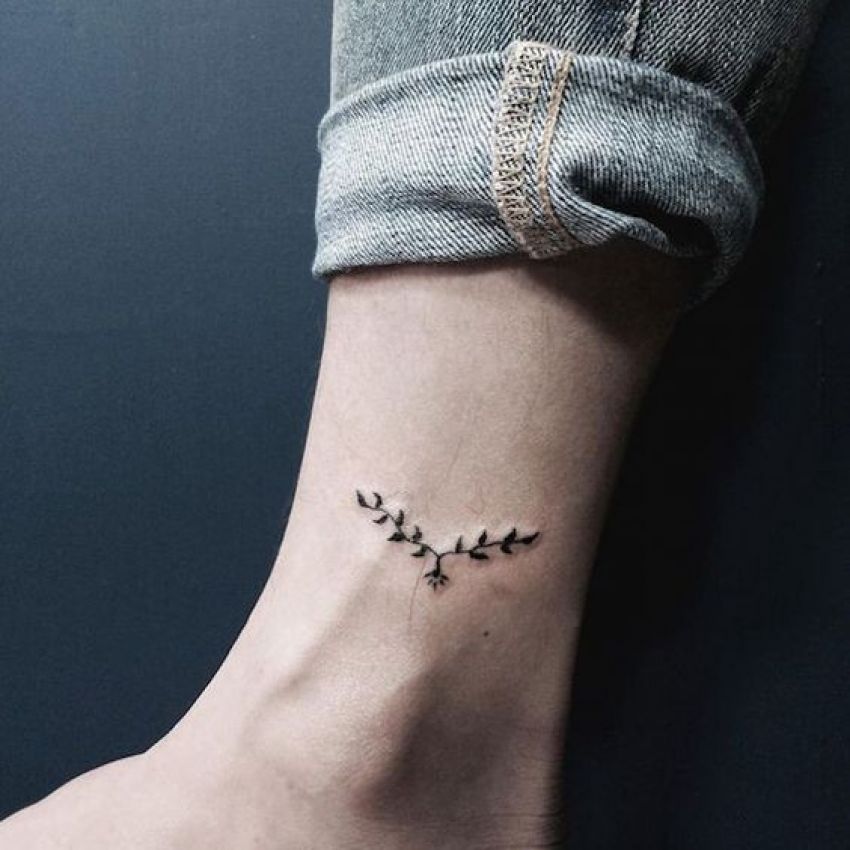 Simple Small Plant Tattoo On Ankle