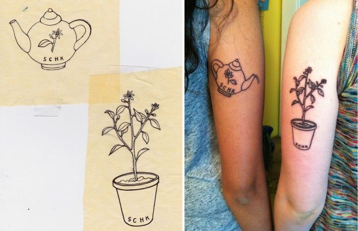 Simple Tea Pot And Potted Plant Tattoo On Sleeves