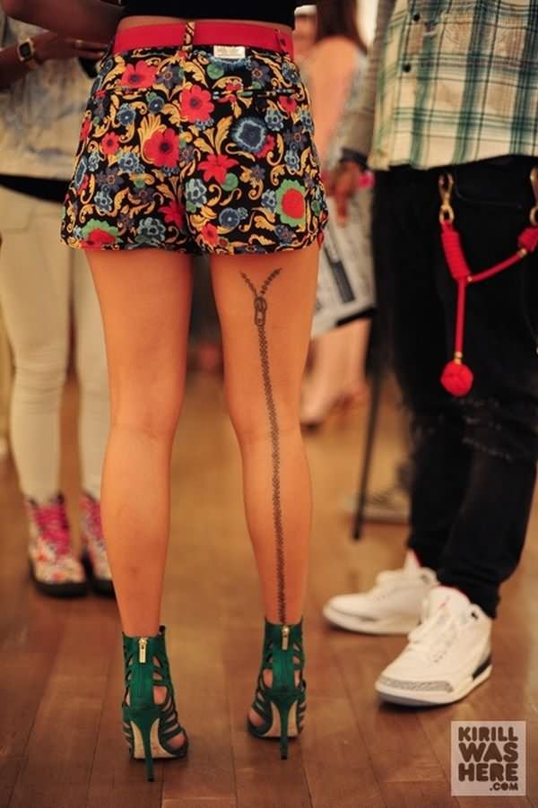 Simple Zipper Tattoo On Back Right Leg For Girls
