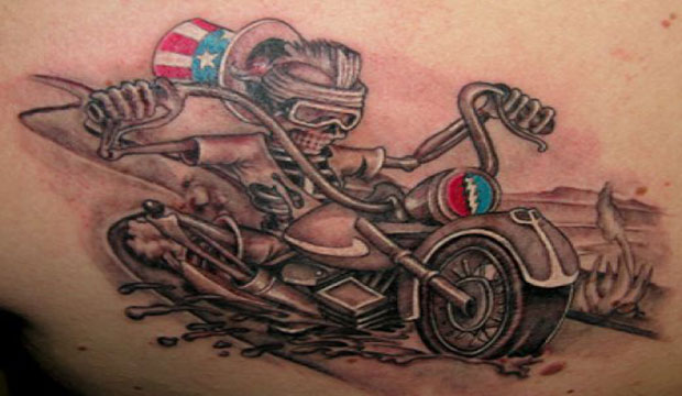 Skeleton Riding Harley Davidson Bike Tattoo