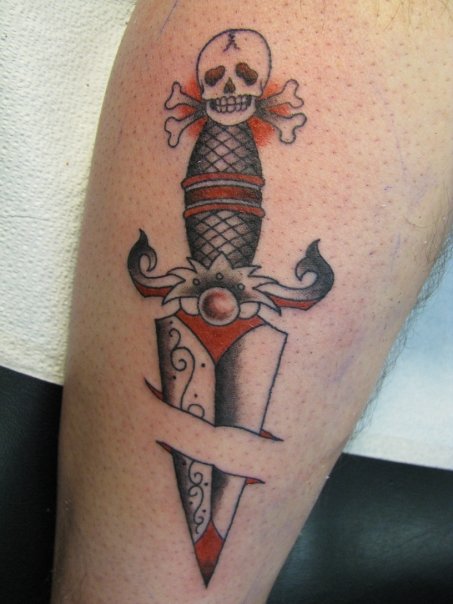 Skull Headed Dagger Ripped Skin Traditional Tattoo